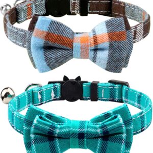 Joytale Quick Release Cat Collar with Bell and Bow Tie, Cute Plaid Patterns, 2 Pack Kitty Safety Collars, Haze blue+Teal