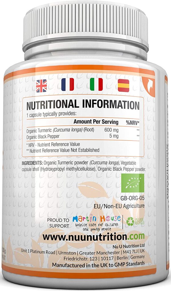 Turmeric Curcumin Organic High Strength 600mg, 365 Capsules with Organic Black Pepper | Suitable for Vegetarians & Vegans | Soil Association Certified, Made in The UK by Nu U Nutrition