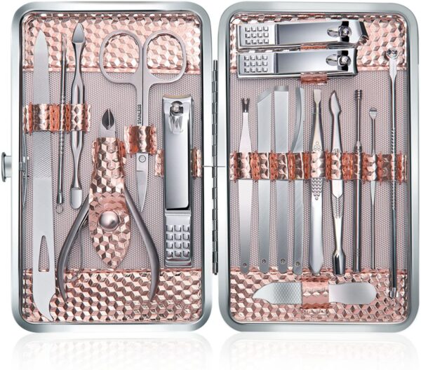 Keiby Citom Manicure Set 18pcs Professional Nail Clippers Kit Pedicure Care Tools-Stainless Steel Grooming Tools With Rose Gold PU Leather Case for Travel & Home (Rose Gold)
