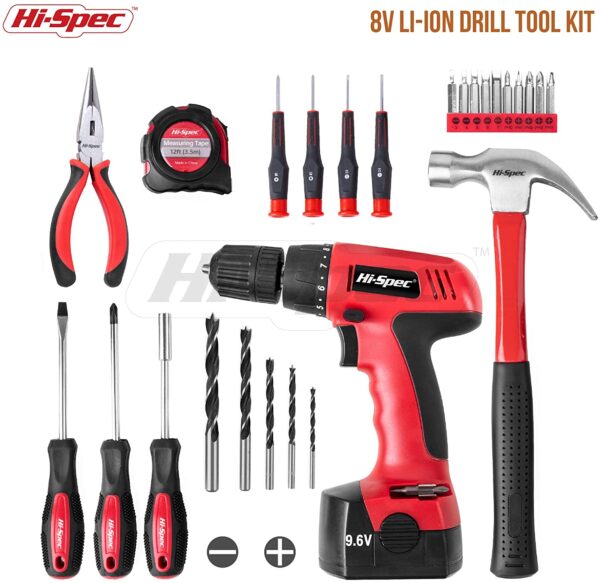 Complete Power and Hand Tool Kit with Drill Driver, Hi-Spec DT30320, 9.6V 1200mAh Cordless Drill Electric Screwdriver and Tool Set for Household DIY, 26 Pieces