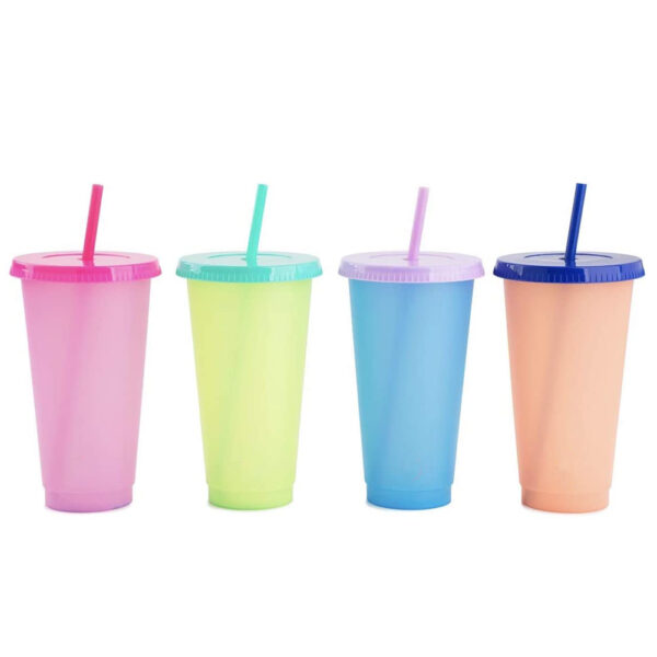 NOGIS Color Changing Cold Drink Cups: 24oz Blank Cold Cups - 4 Reusable Cups, Lids and Straws - Summer Coffee Tumblers - Summer Cups, Set of 4