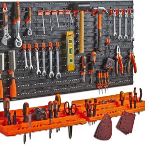 VonHaus Garage Wall Tool Rack Pegboard + Shelf Tool Organiser/Holder – Wall-Mounted/Fixed, Includes 50 Assorted Hooks – Ideal for Home, Shed, Workshop or Garage