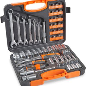 VonHaus 104-Piece Screwdriver Tool Socket Set ¼ Inch & ½” Inch Drive & 6pcs Combination Spanner with Carry Case