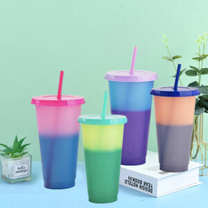 NOGIS Color Changing Cold Drink Cups: 24oz Blank Cold Cups - 4 Reusable Cups, Lids and Straws - Summer Coffee Tumblers - Summer Cups, Set of 4